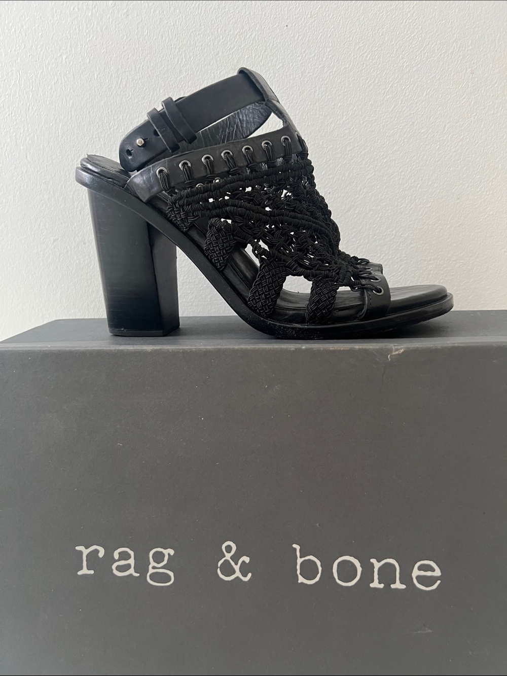 Rag & Bone Black Braided leather ankle strap Block Heel Sandals